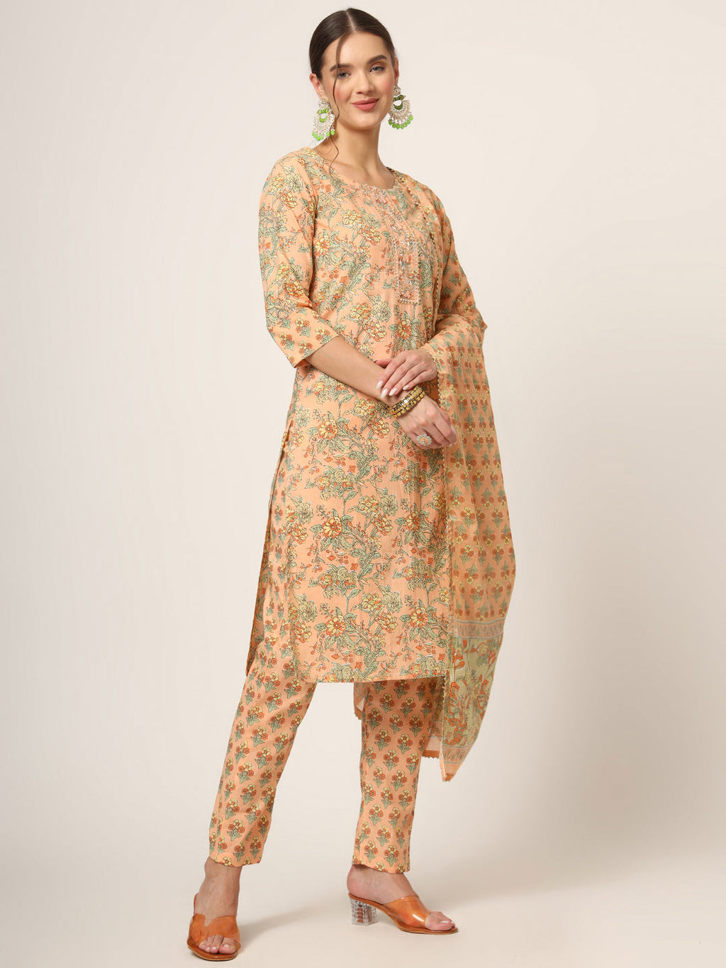 Noe Velarro Peach Floral Print Cotton Straight fit Kurta Set