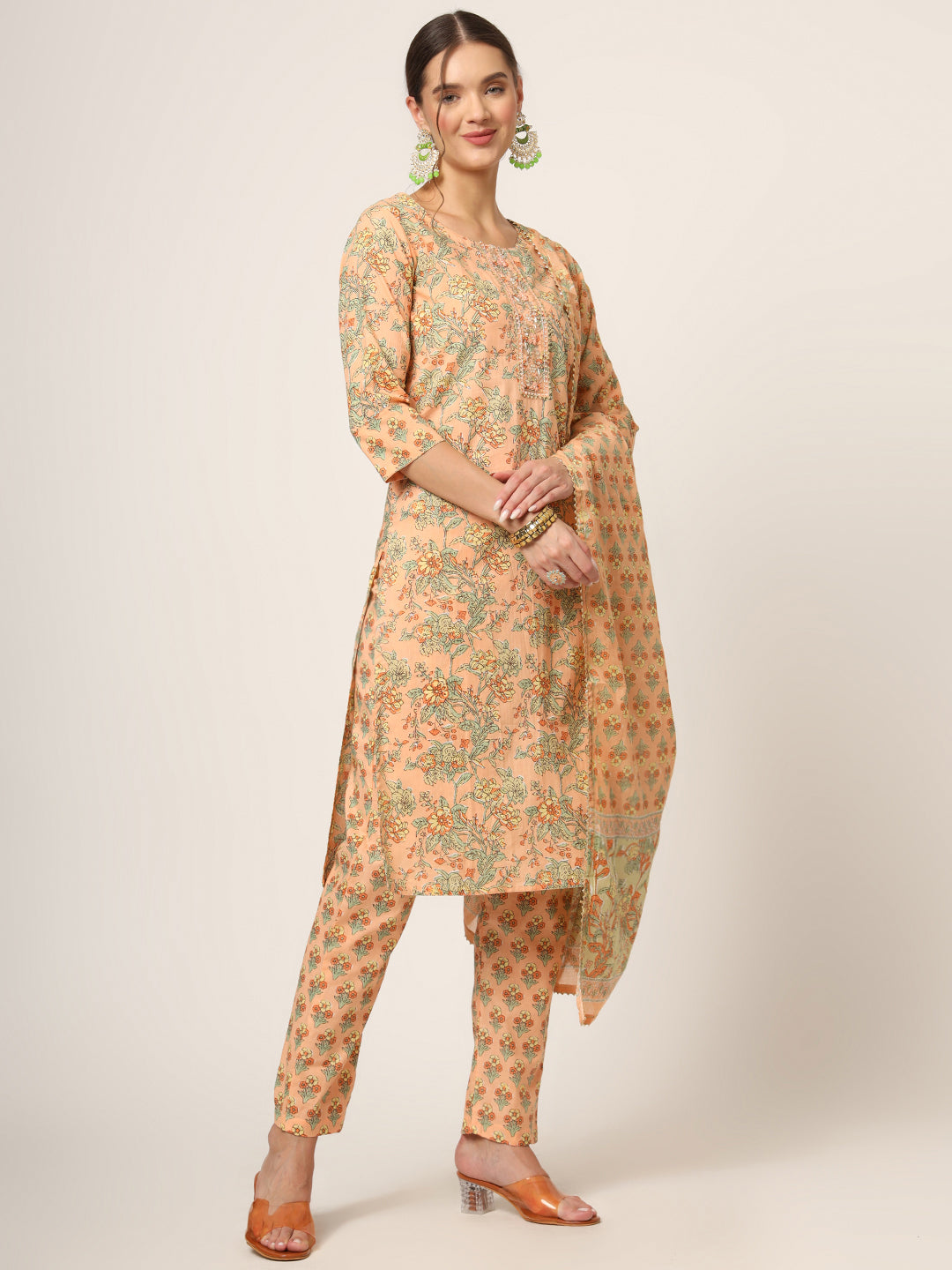 Noe Velarro Peach Floral Print Cotton Straight fit Kurta Set
