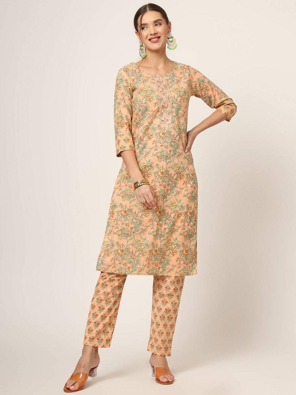 Noe Velarro Peach Floral Print Cotton Straight fit Kurta Set