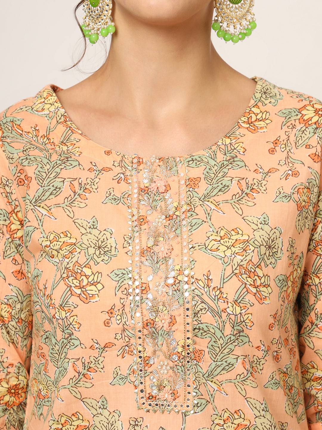 Noe Velarro Peach Floral Print Cotton Straight fit Kurta Set