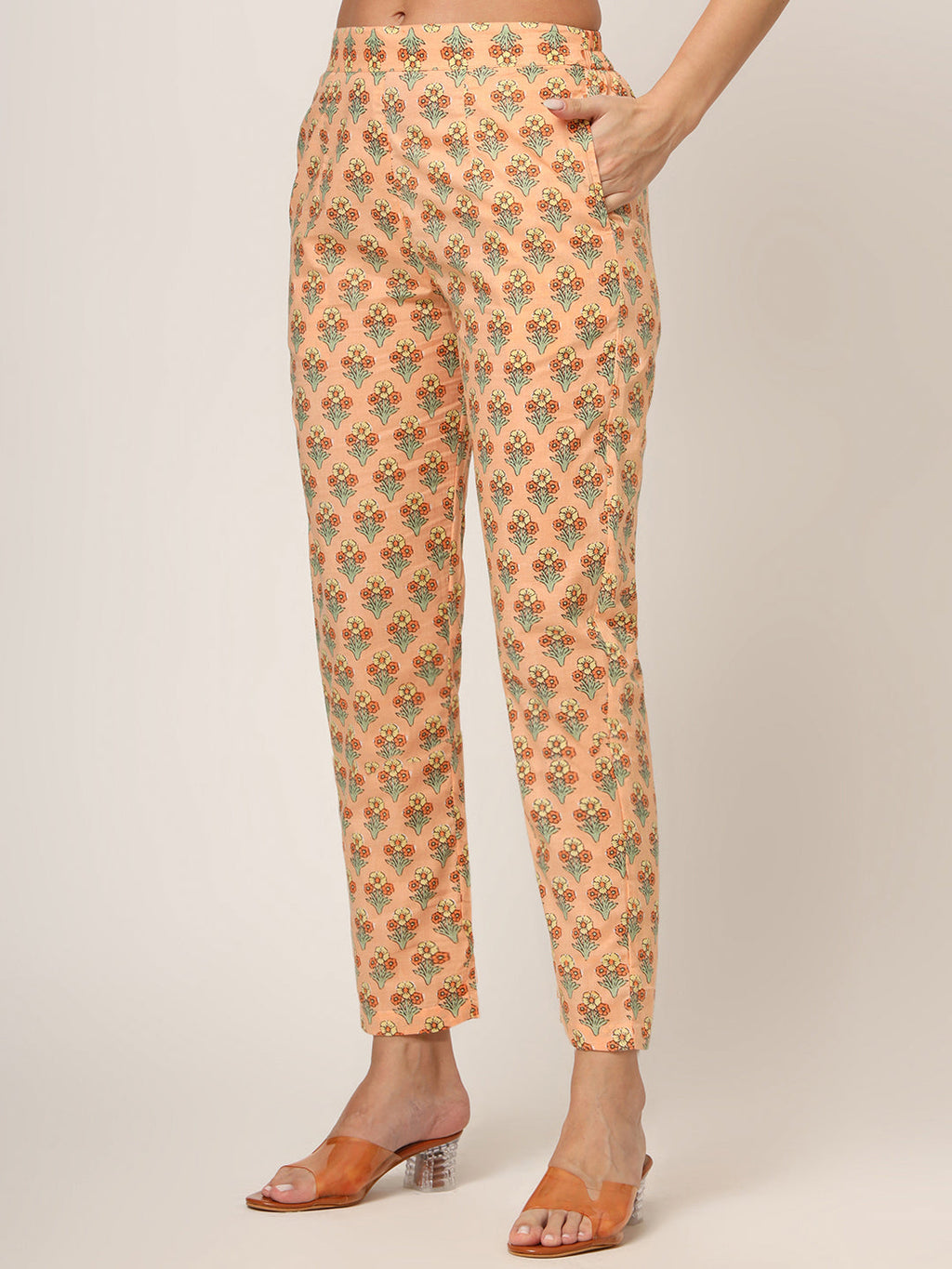 Noe Velarro Peach Floral Print Cotton Straight fit Kurta Set