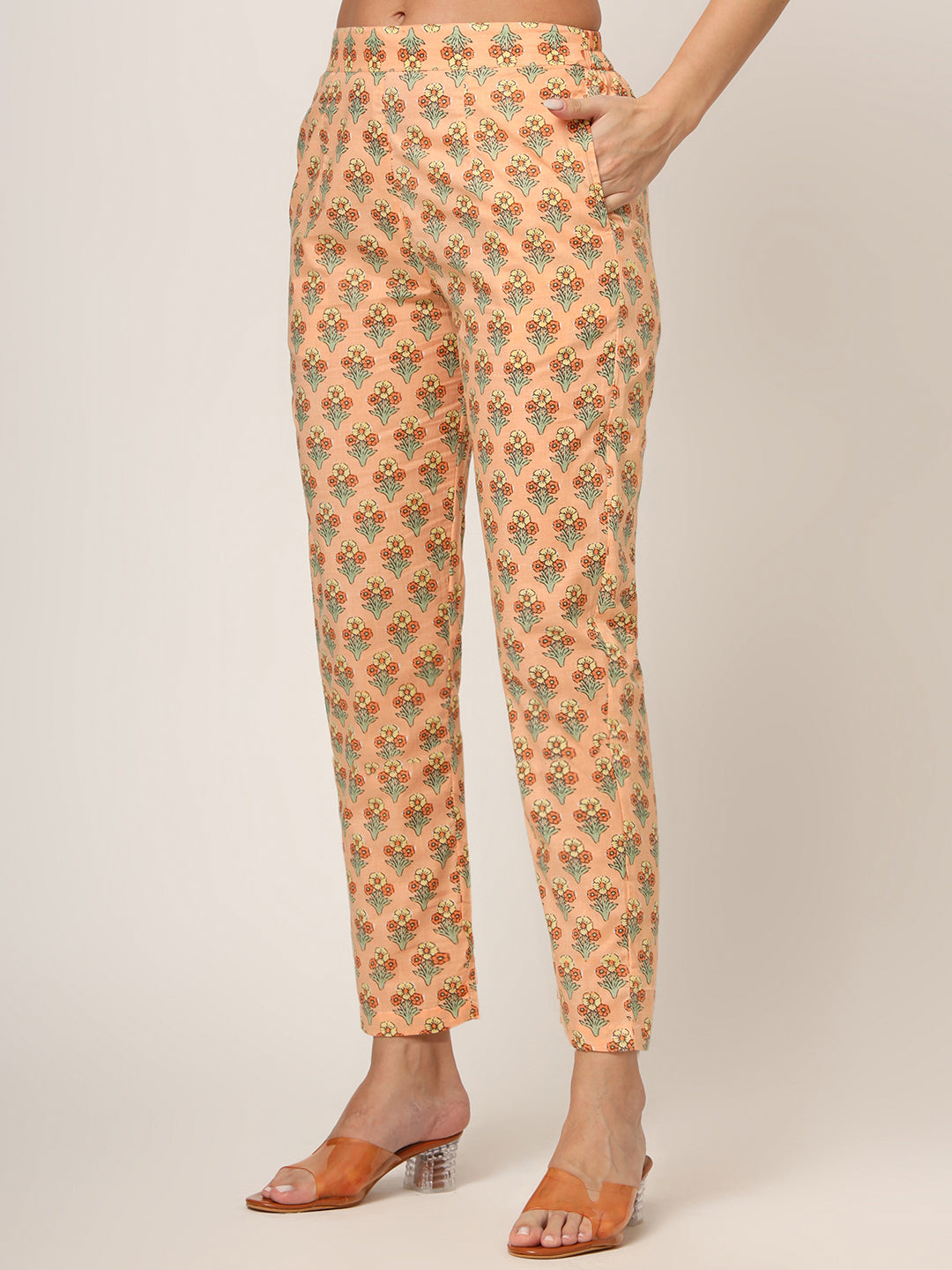 Noe Velarro Peach Floral Print Cotton Straight fit Kurta Set