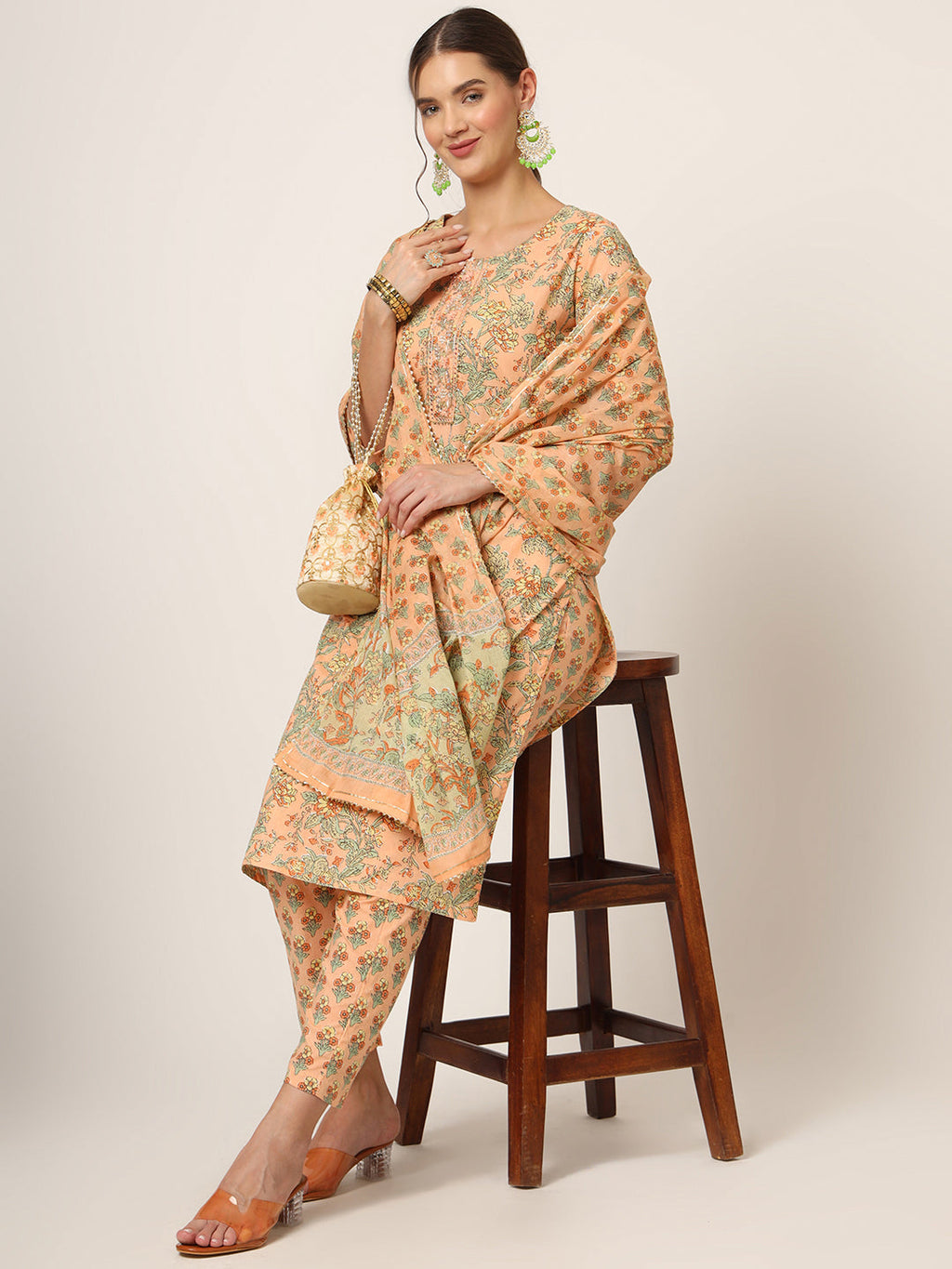 Noe Velarro Peach Floral Print Cotton Straight fit Kurta Set