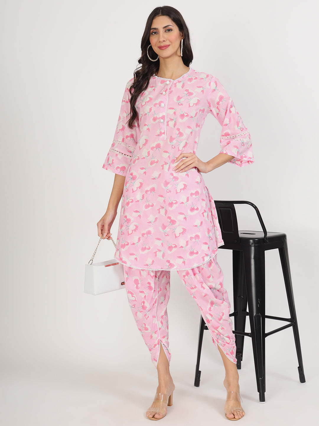 Noe Velarro Pink Floral Printed Cotton Kurta with Dhoti Co-Ord Set