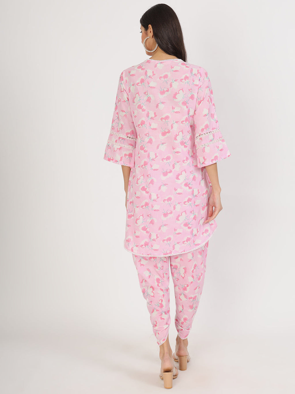 Noe Velarro Pink Floral Printed Cotton Kurta with Dhoti Co-Ord Set
