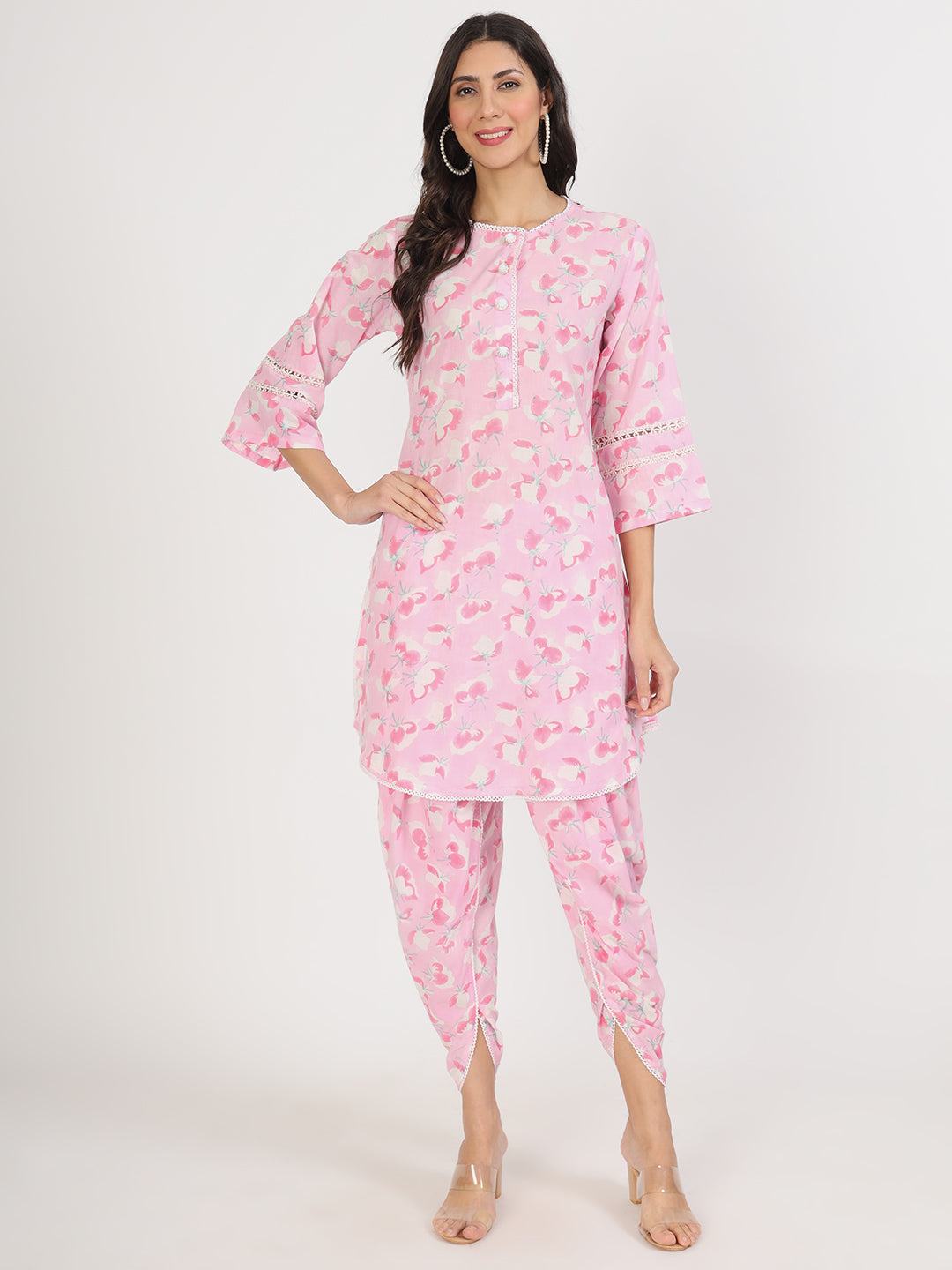 Noe Velarro Pink Floral Printed Cotton Kurta with Dhoti Co-Ord Set