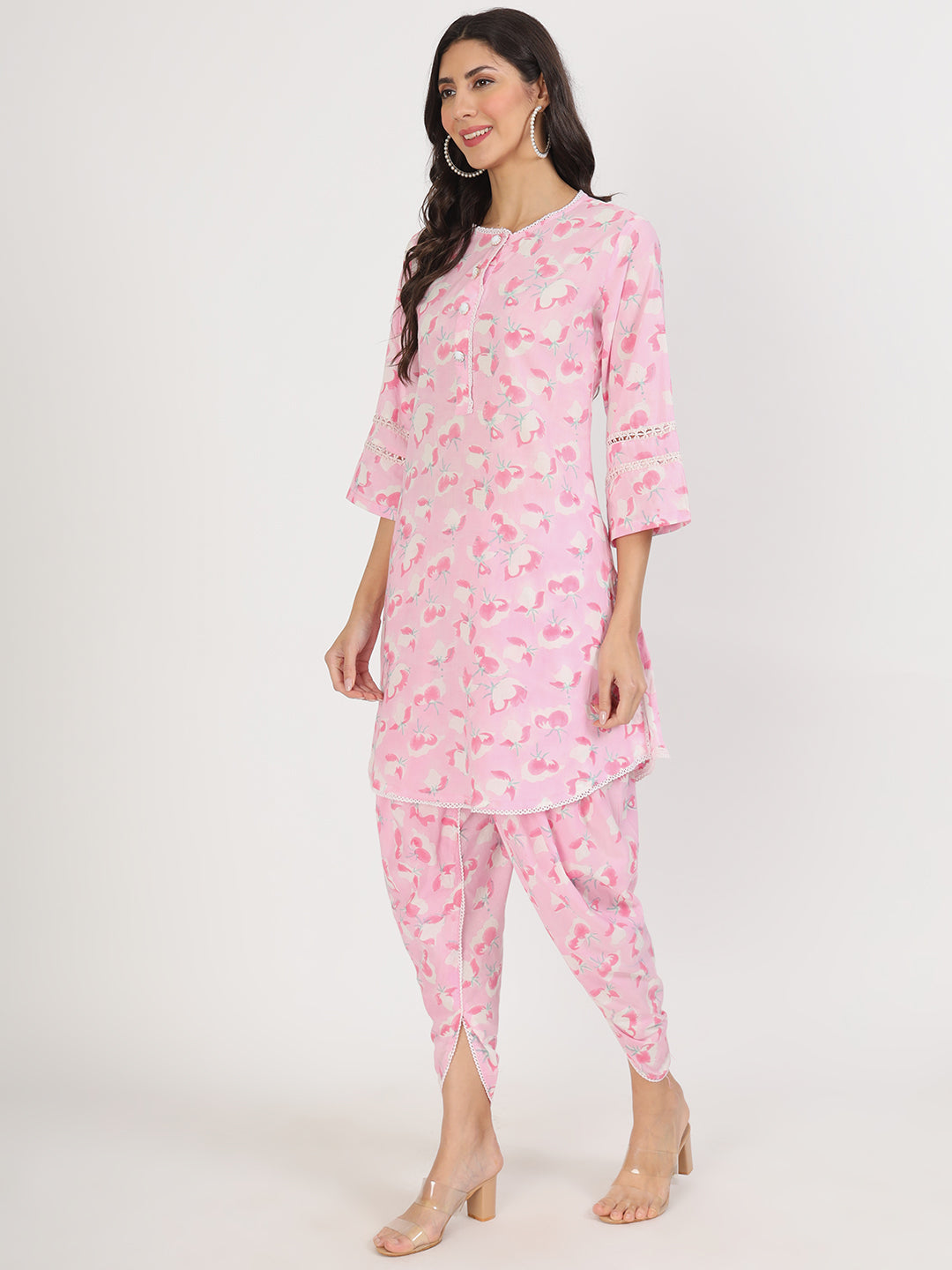 Noe Velarro Pink Floral Printed Cotton Kurta with Dhoti Co-Ord Set