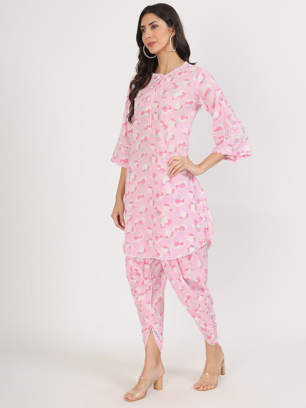 Noe Velarro Pink Floral Printed Cotton Kurta with Dhoti Co-Ord Set