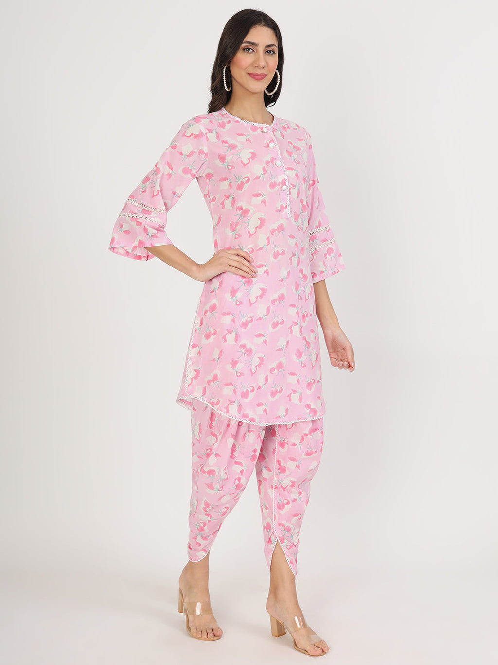 Noe Velarro Pink Floral Printed Cotton Kurta with Dhoti Co-Ord Set
