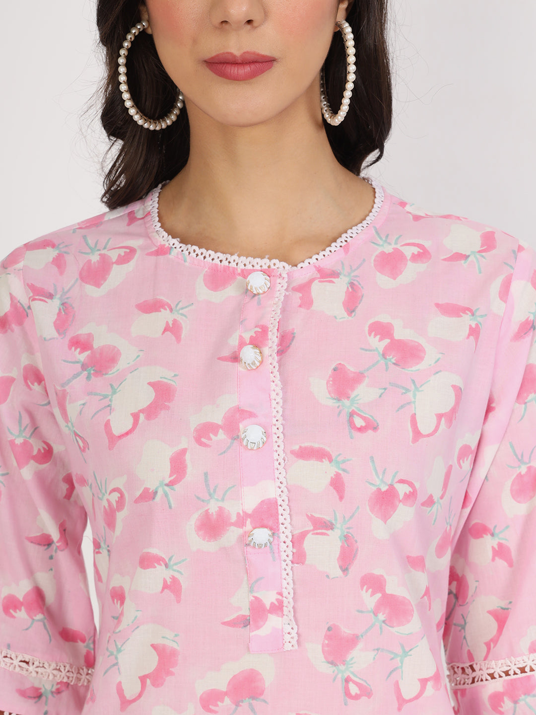 Noe Velarro Pink Floral Printed Cotton Kurta with Dhoti Co-Ord Set