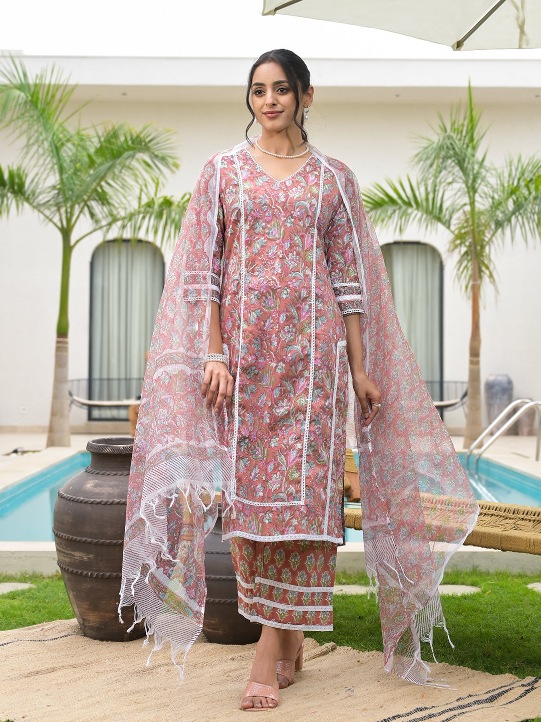 Noe Velarro Maroon Floral Print Cotton Handblock Kurta Set for Women