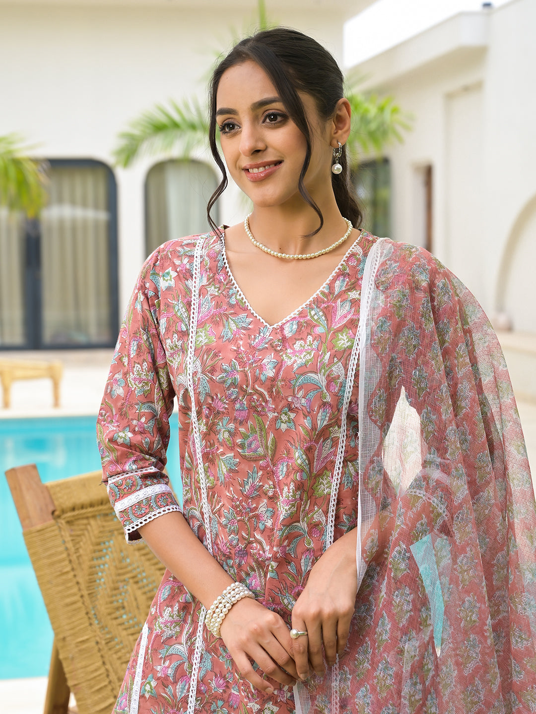 Noe Velarro Maroon Floral Print Cotton Handblock Kurta Set for Women