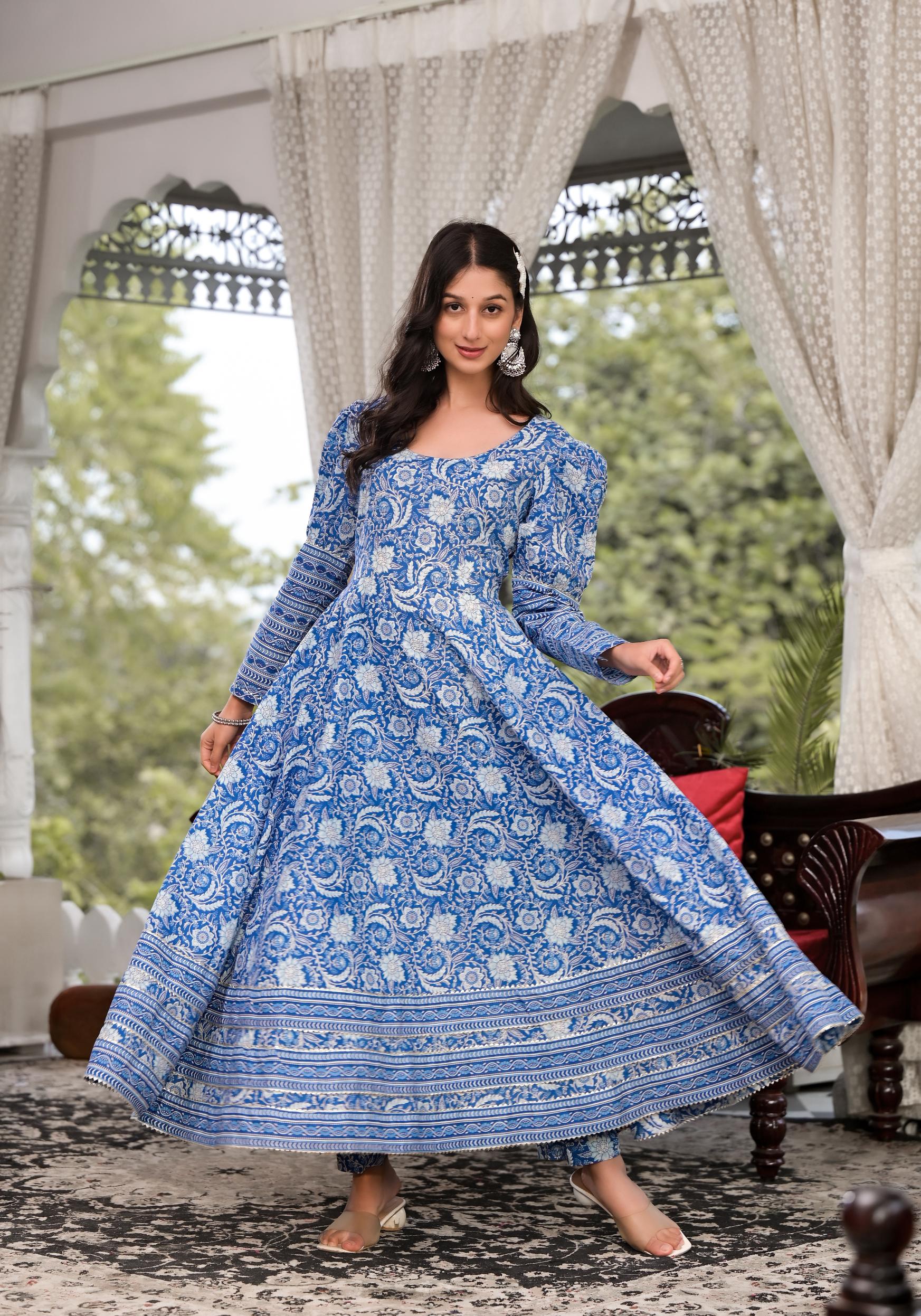 Noe Velarro Blue Gota Patti Cotton Anarkali Kurta Pant Sets