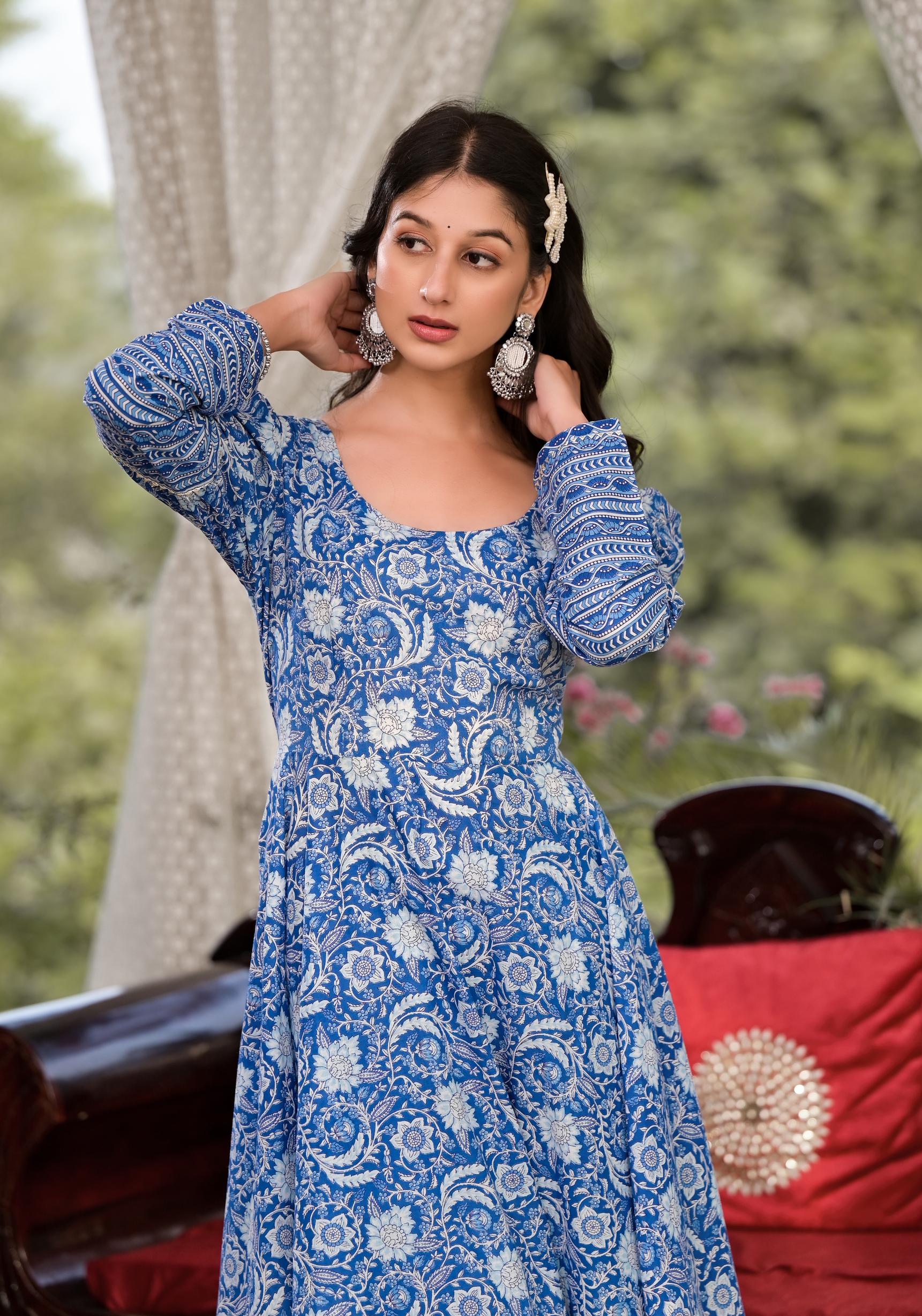 Noe Velarro Blue Gota Patti Cotton Anarkali Kurta Pant Sets