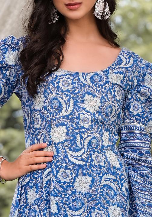 Noe Velarro Blue Gota Patti Cotton Anarkali Kurta Pant Sets