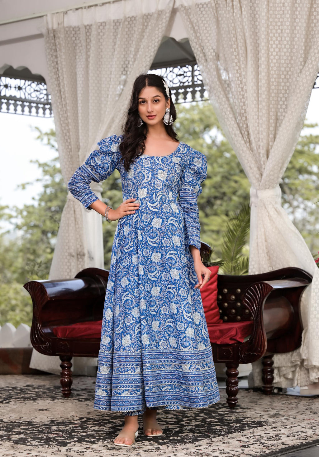 Noe Velarro Blue Gota Patti Cotton Anarkali Kurta Pant Sets