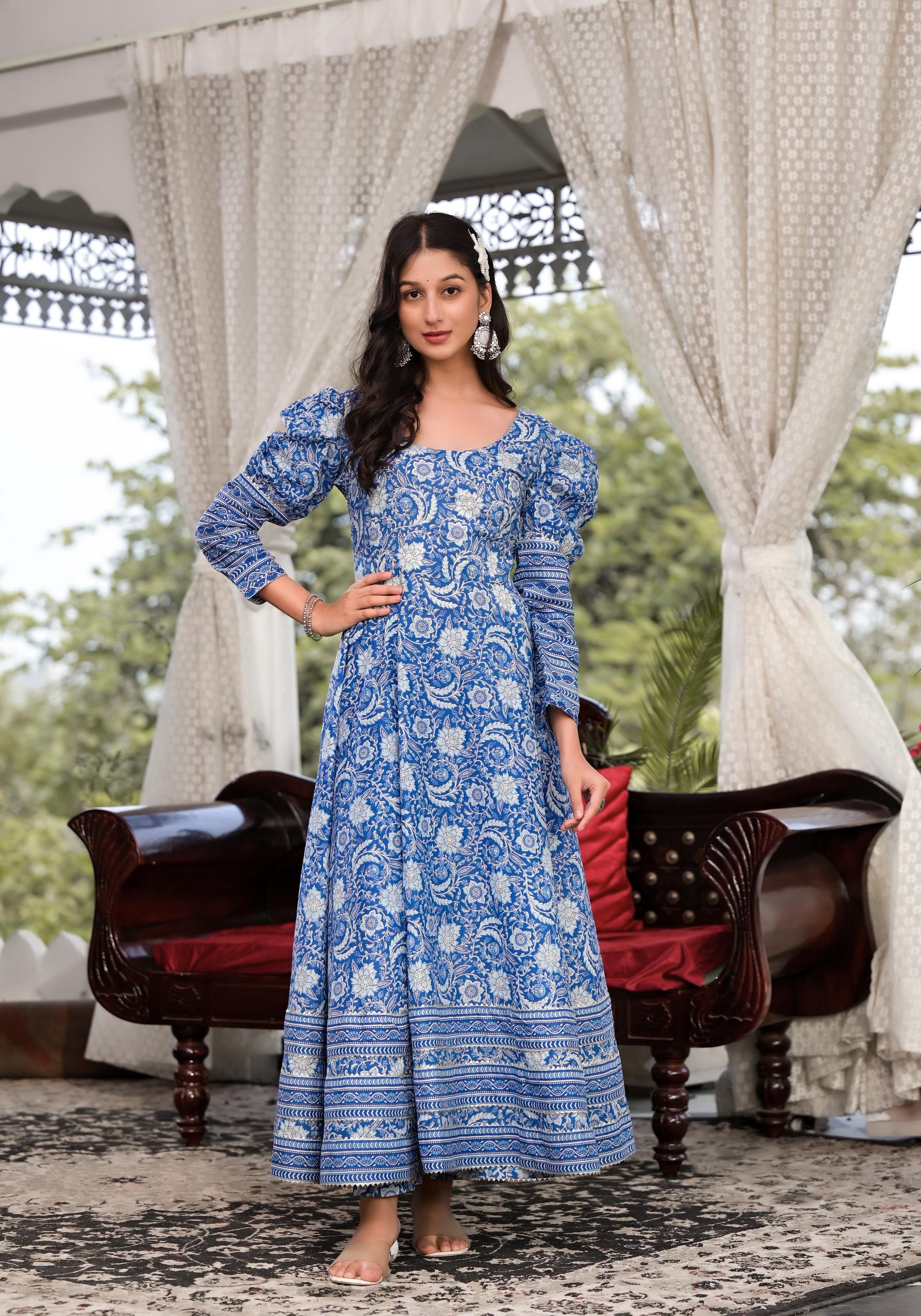 Noe Velarro Blue Gota Patti Cotton Anarkali Kurta Pant Sets
