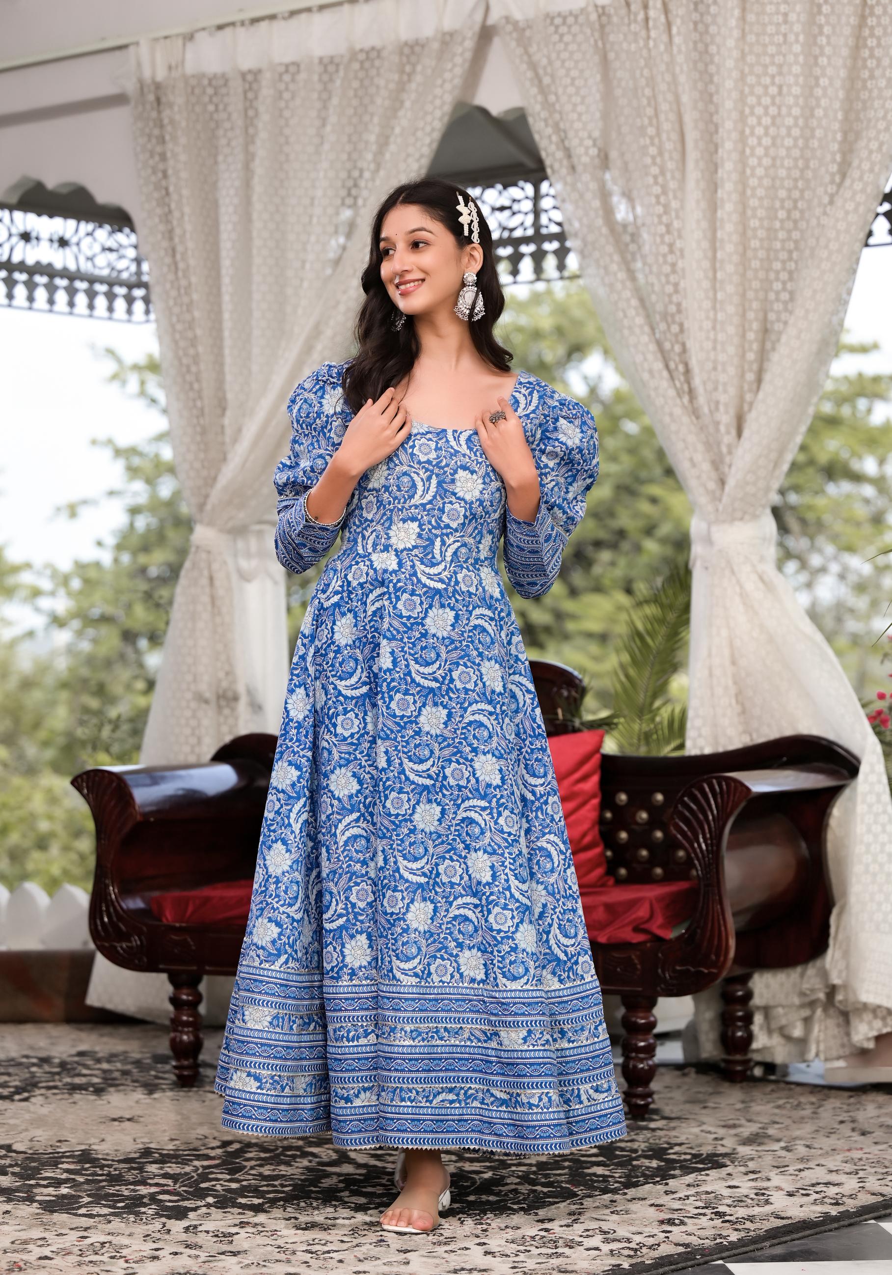 Noe Velarro Blue Gota Patti Cotton Anarkali Kurta Pant Sets