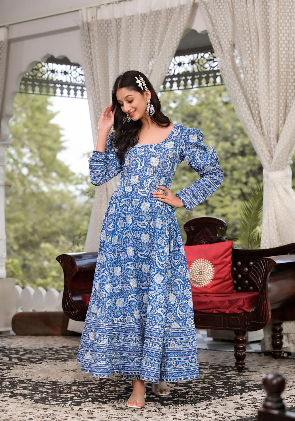 Noe Velarro Blue Gota Patti Cotton Anarkali Kurta Pant Sets