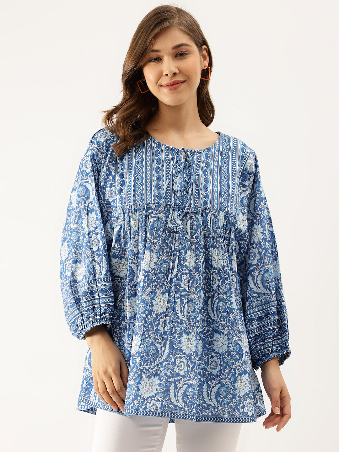 Noe Velarro Blue  Printed Cotton Peplum top