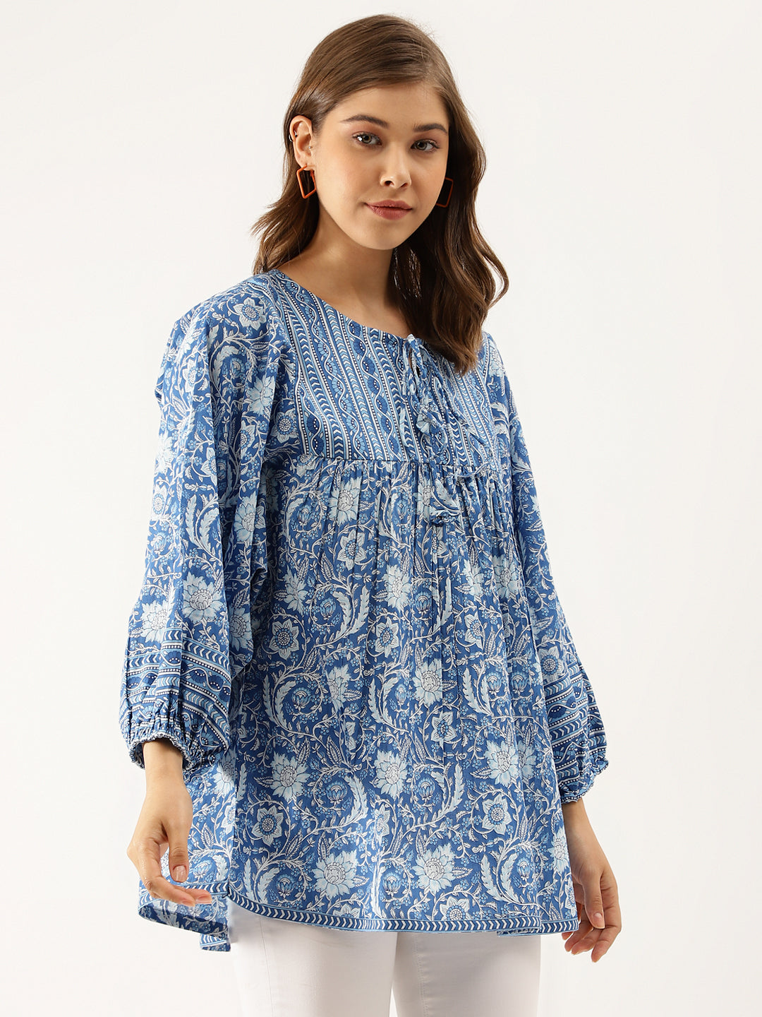 Noe Velarro Blue  Printed Cotton Peplum top