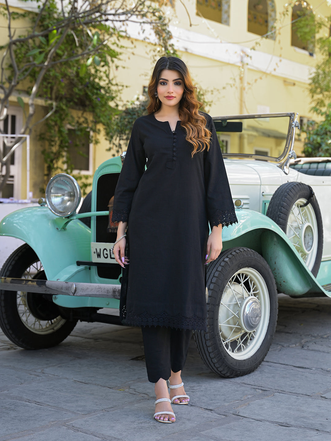Noe Velarro Black Solid Print Cotton Fabric  Shirt Kurta with Trouser