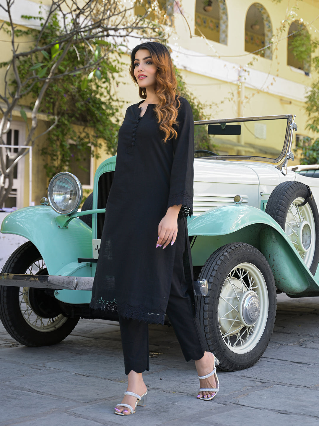 Noe Velarro Black Solid Print Cotton Fabric  Shirt Kurta with Trouser