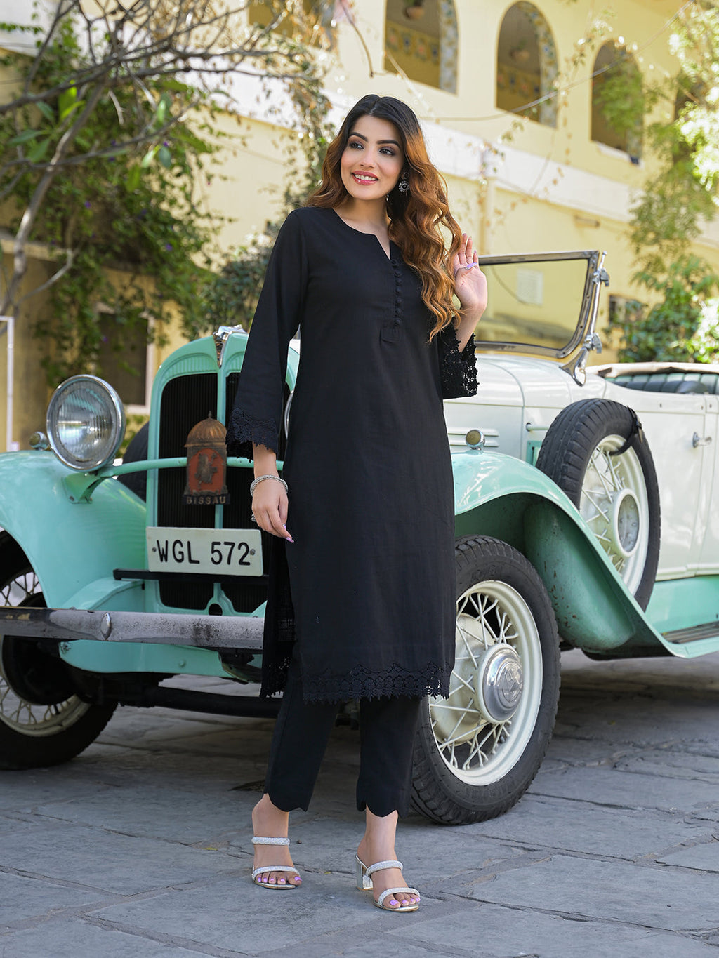 Noe Velarro Black Solid Print Cotton Fabric  Shirt Kurta with Trouser