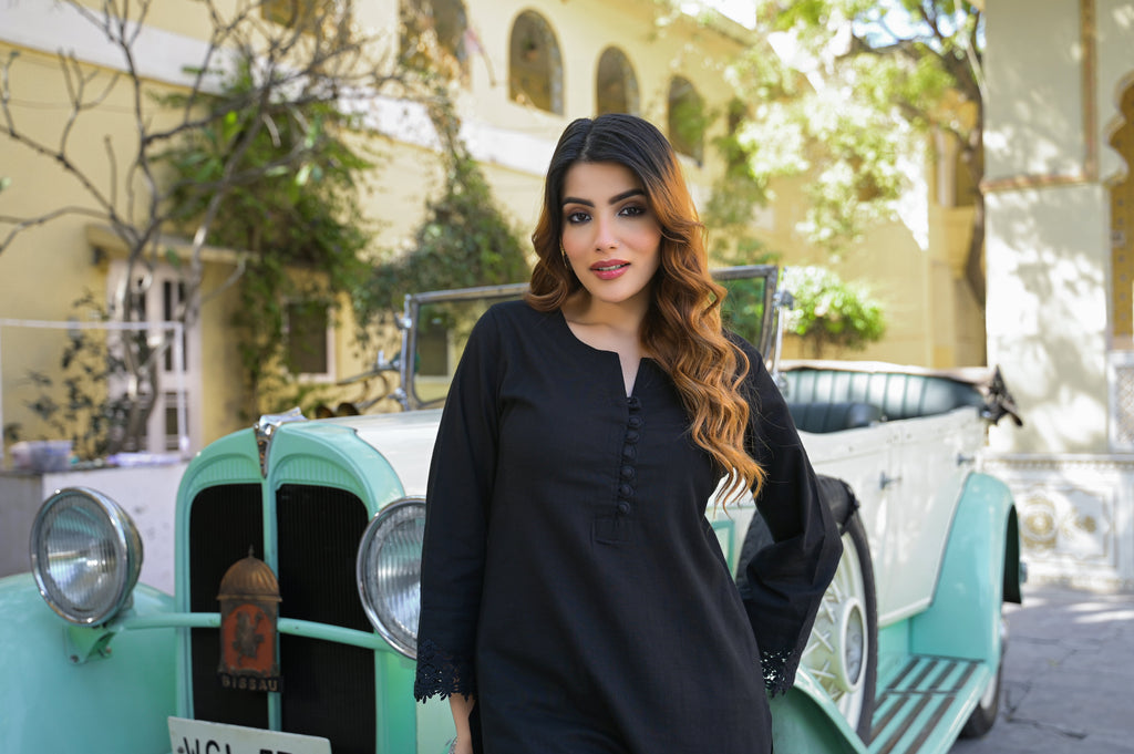 Noe Velarro Black Solid Print Cotton Fabric  Shirt Kurta with Trouser