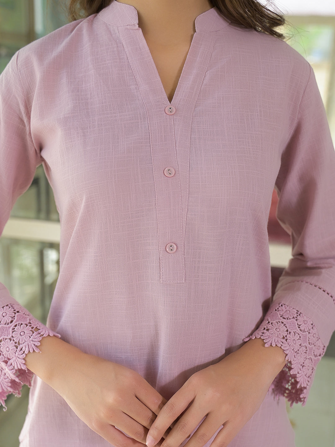 Noe Velarro Pink Solid Cotton Straight Fit Lace Border Kurta with Trouser