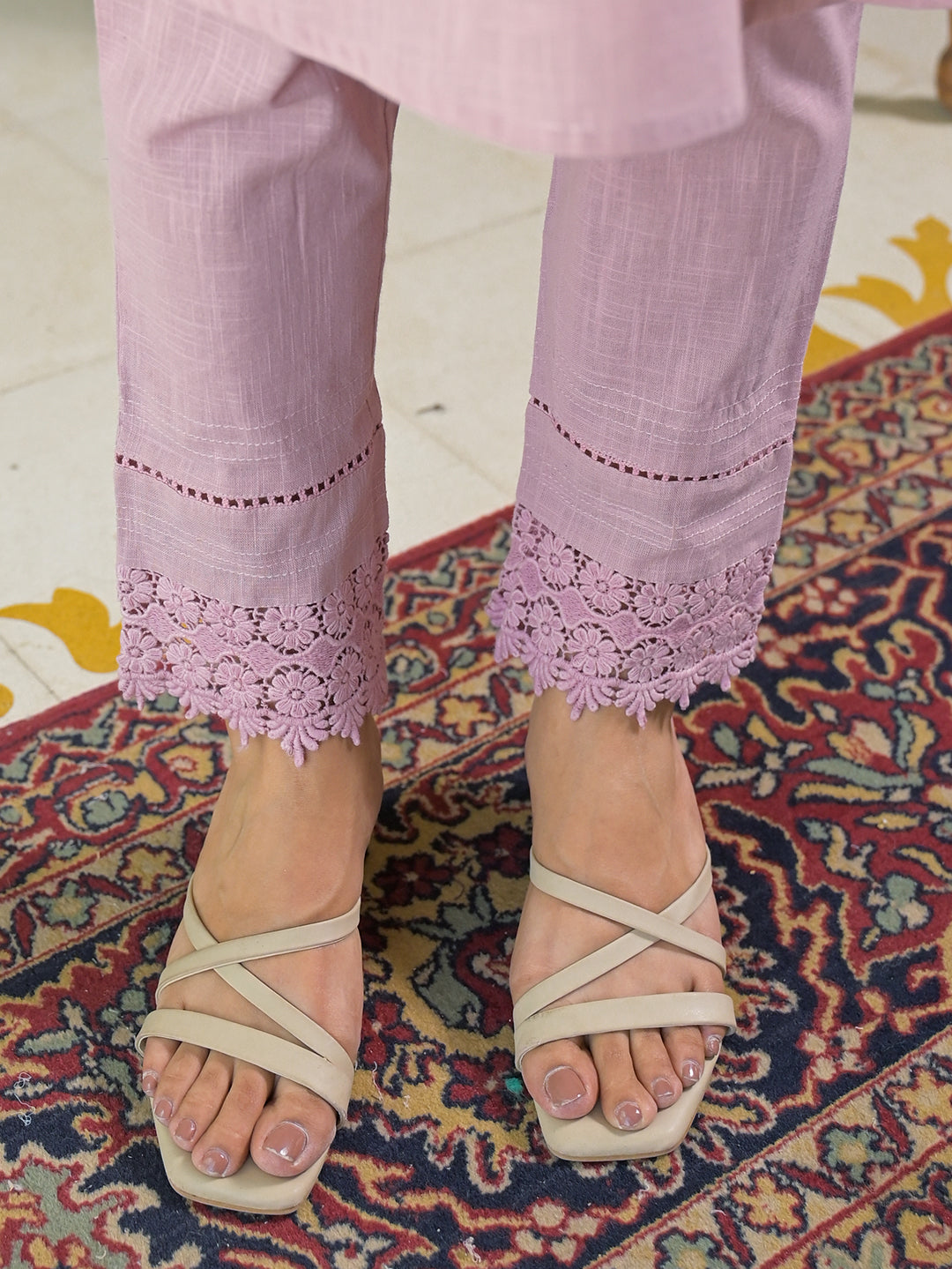 Noe Velarro Pink Solid Cotton Straight Fit Lace Border Kurta with Trouser