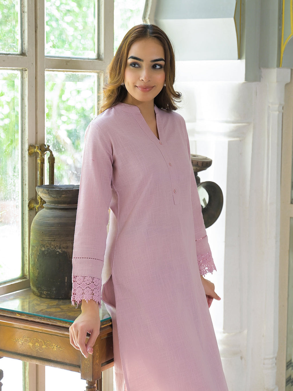 Noe Velarro Pink Solid Cotton Straight Fit Lace Border Kurta with Trouser