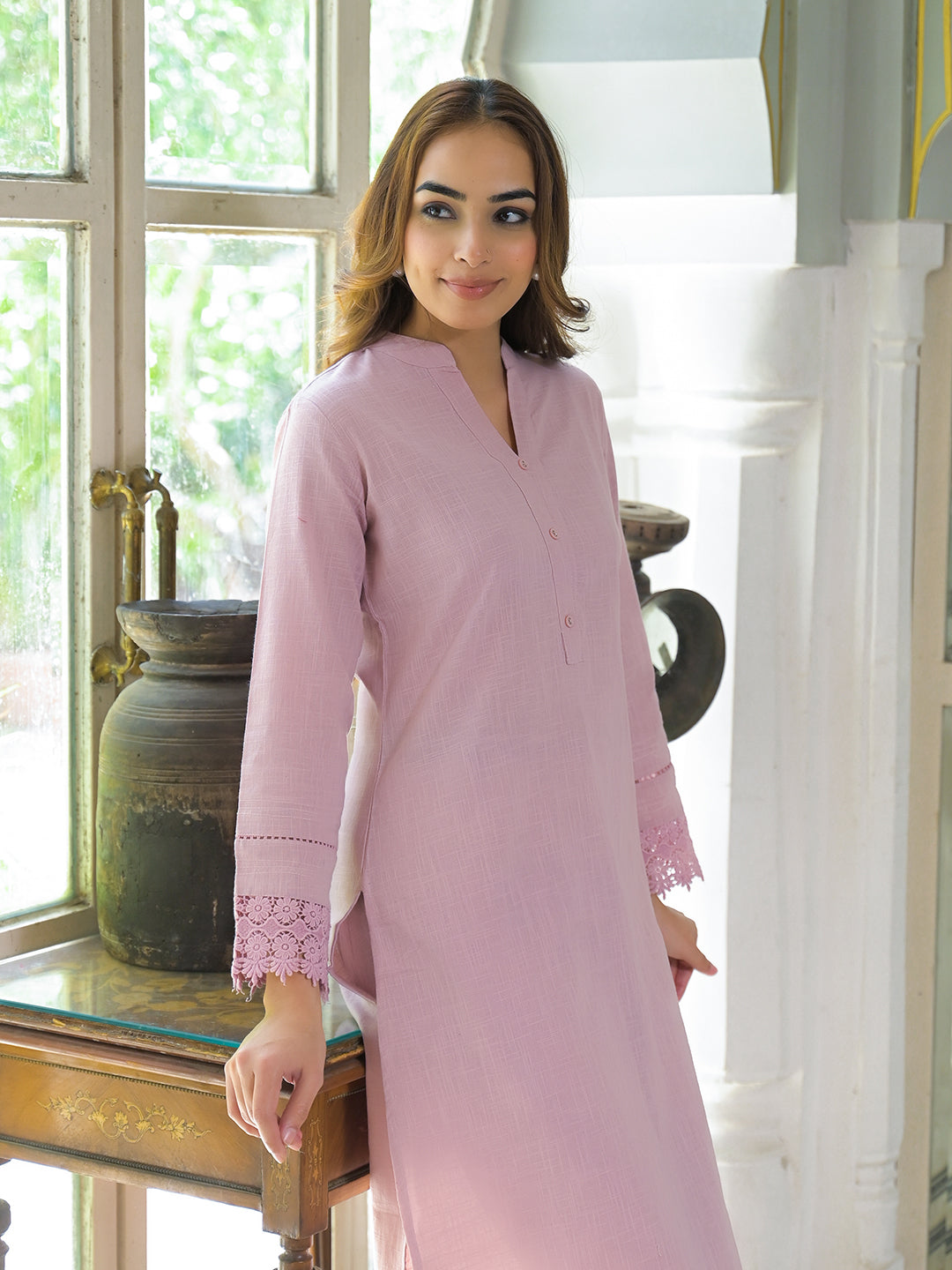 Noe Velarro Pink Solid Cotton Straight Fit Lace Border Kurta with Trouser
