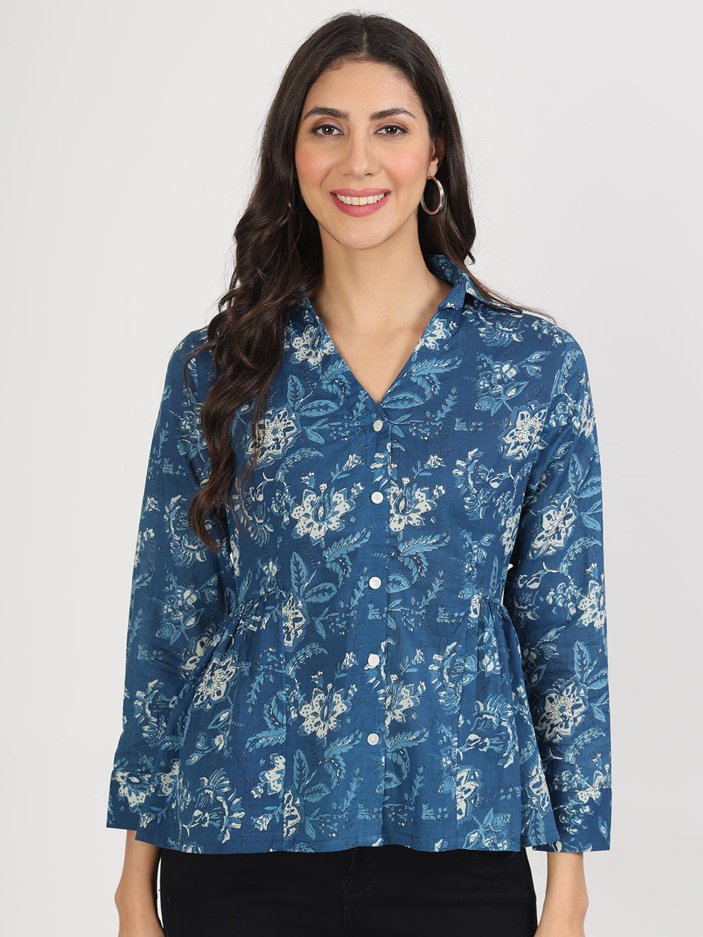 Noe Velarro Indigo Blue Cotton Shirt Style Top