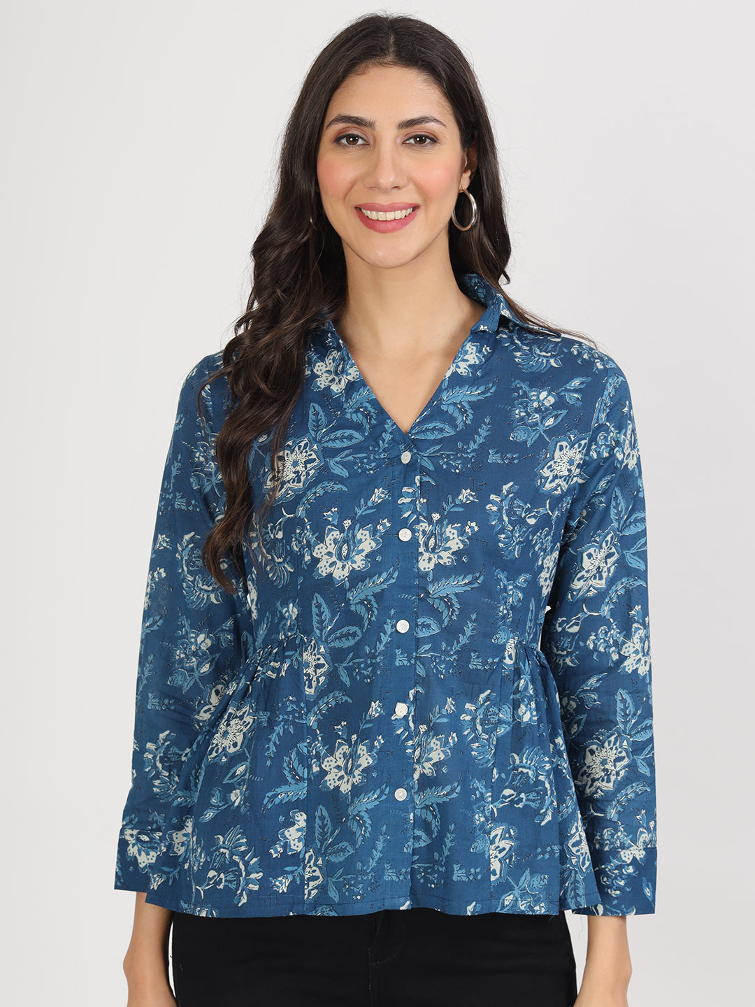 Noe Velarro Indigo Blue Cotton Shirt Style Top