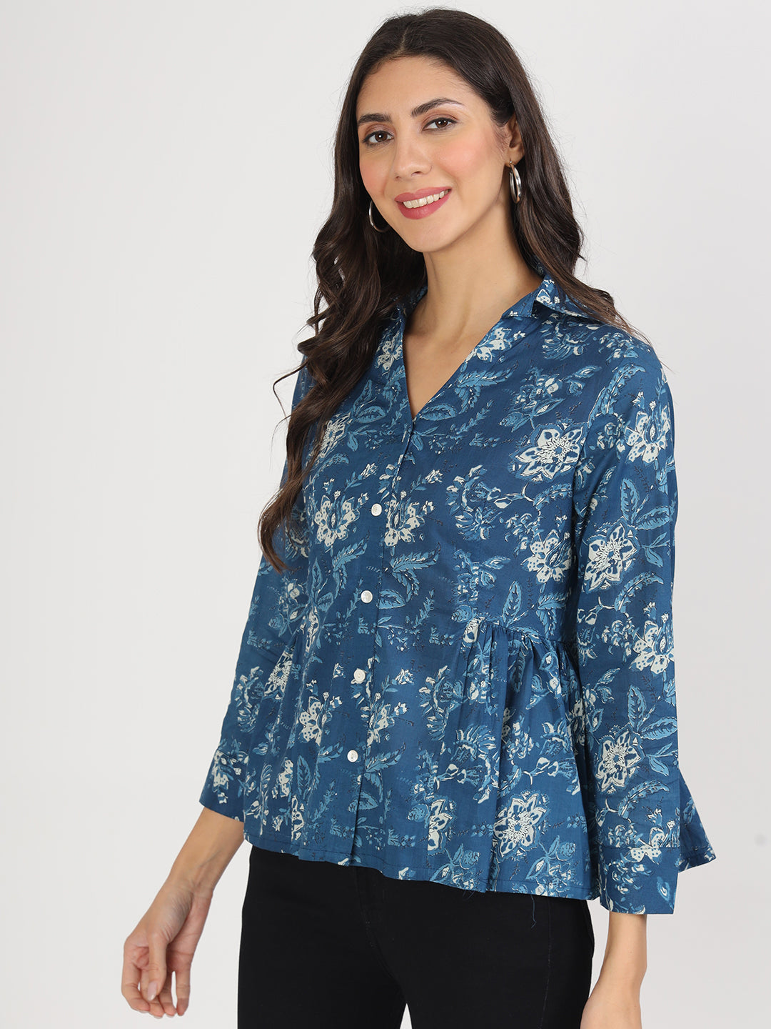 Noe Velarro Indigo Blue Cotton Shirt Style Top