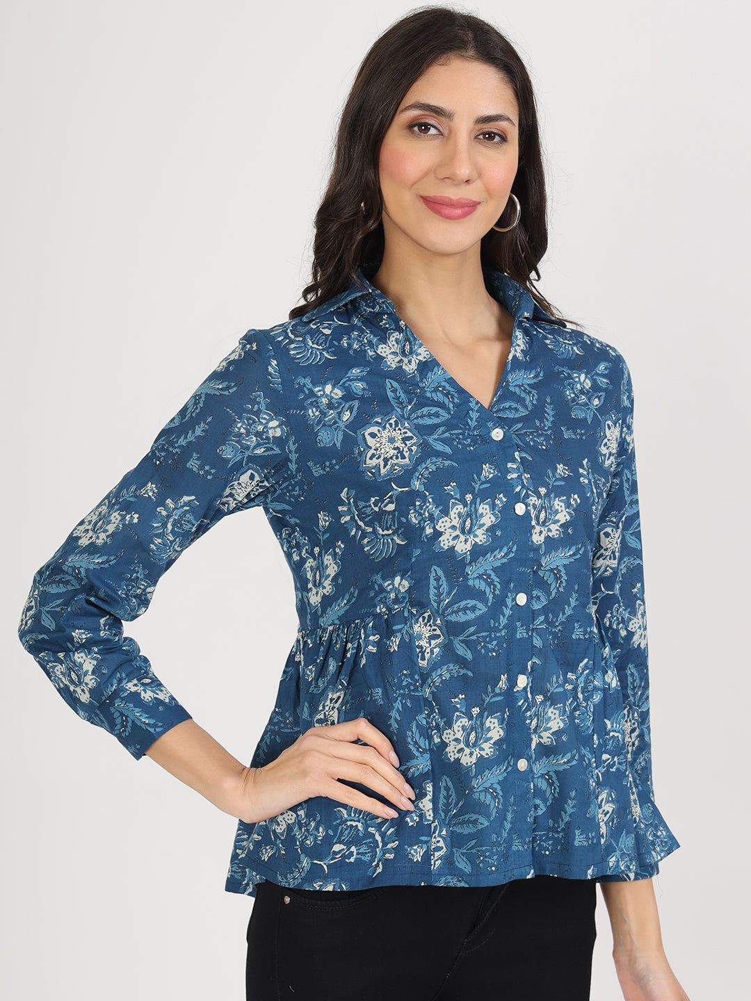 Noe Velarro Indigo Blue Cotton Shirt Style Top