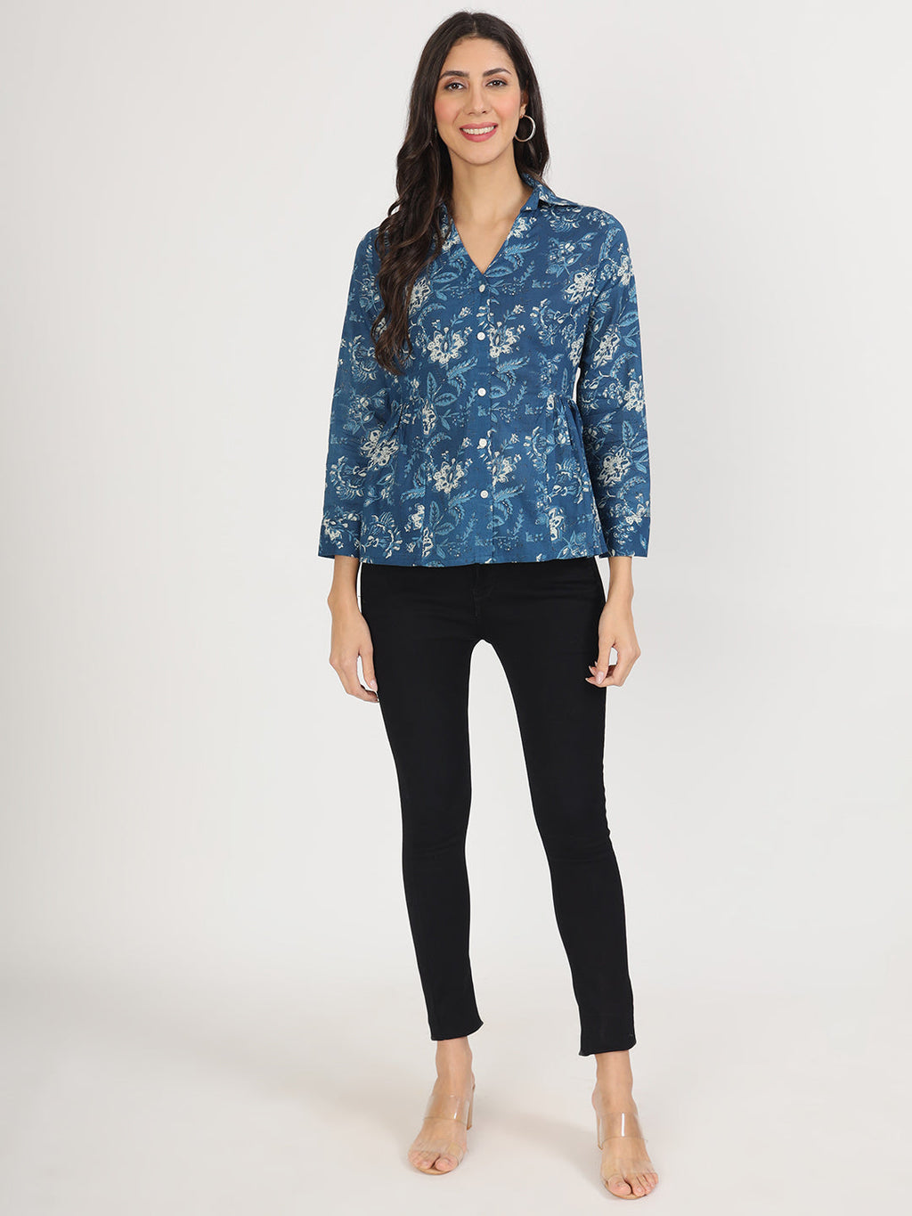 Noe Velarro Indigo Blue Cotton Shirt Style Top