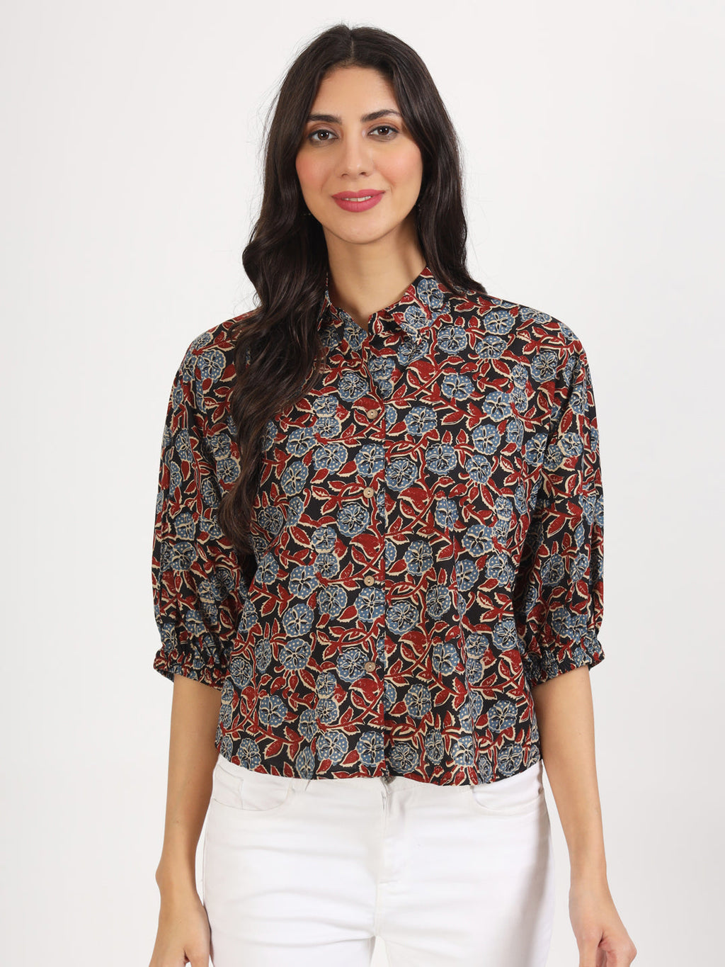 Noe Velarro Black Floral Printed Cotton Tops