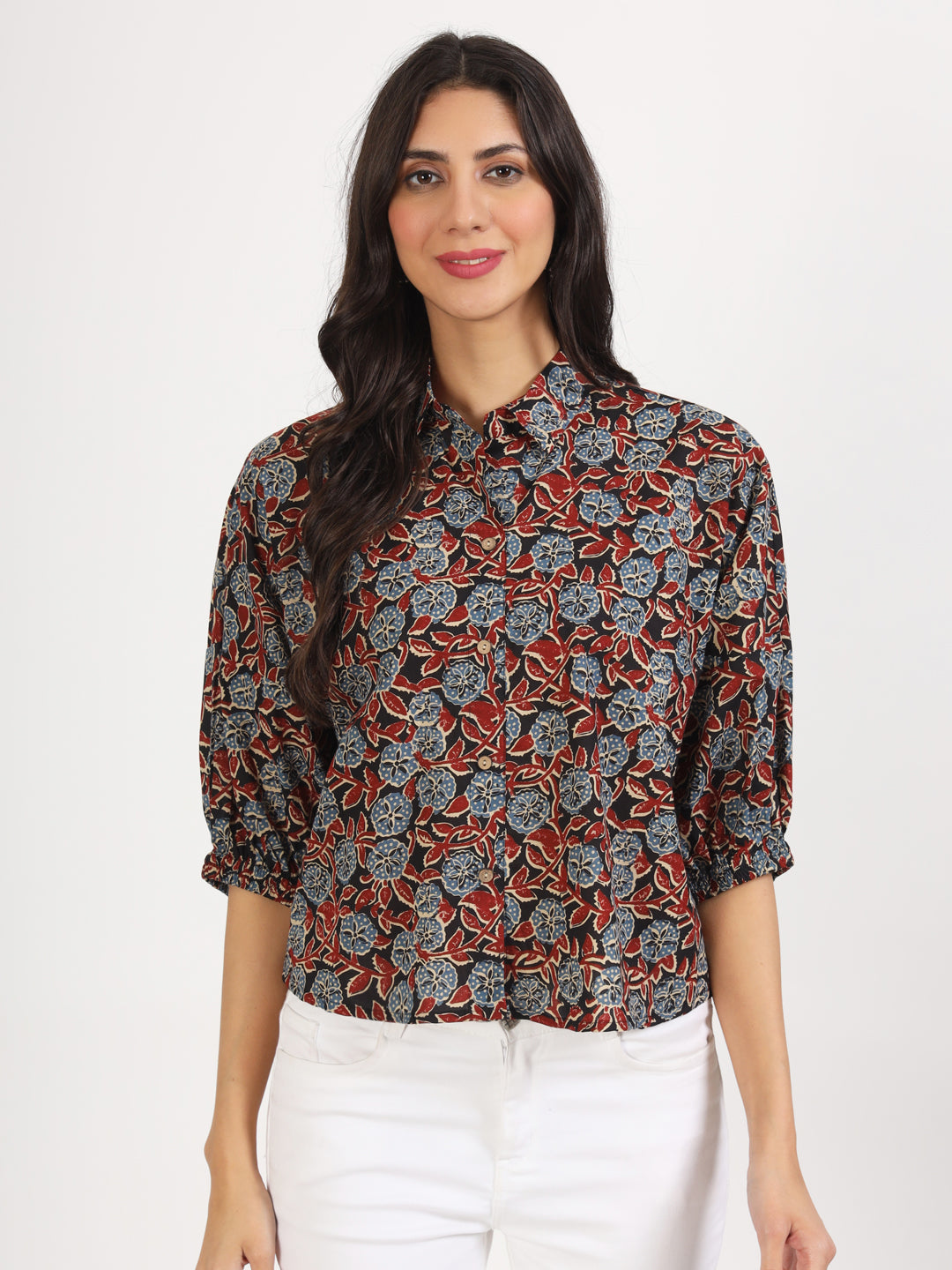 Noe Velarro Black Floral Printed Cotton Tops