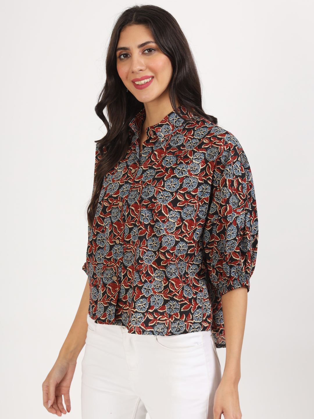 Noe Velarro Black Floral Printed Cotton Tops