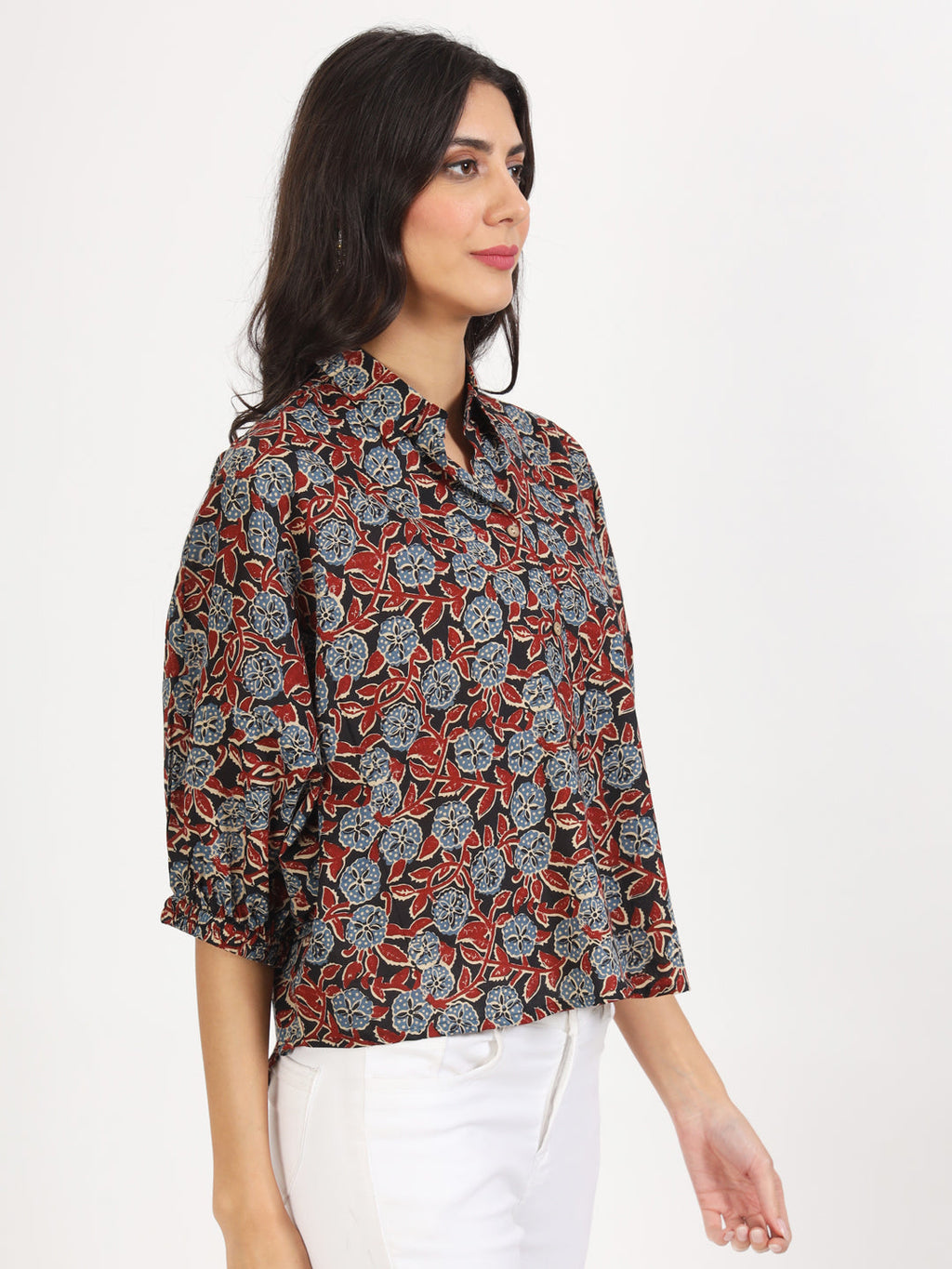 Noe Velarro Black Floral Printed Cotton Tops