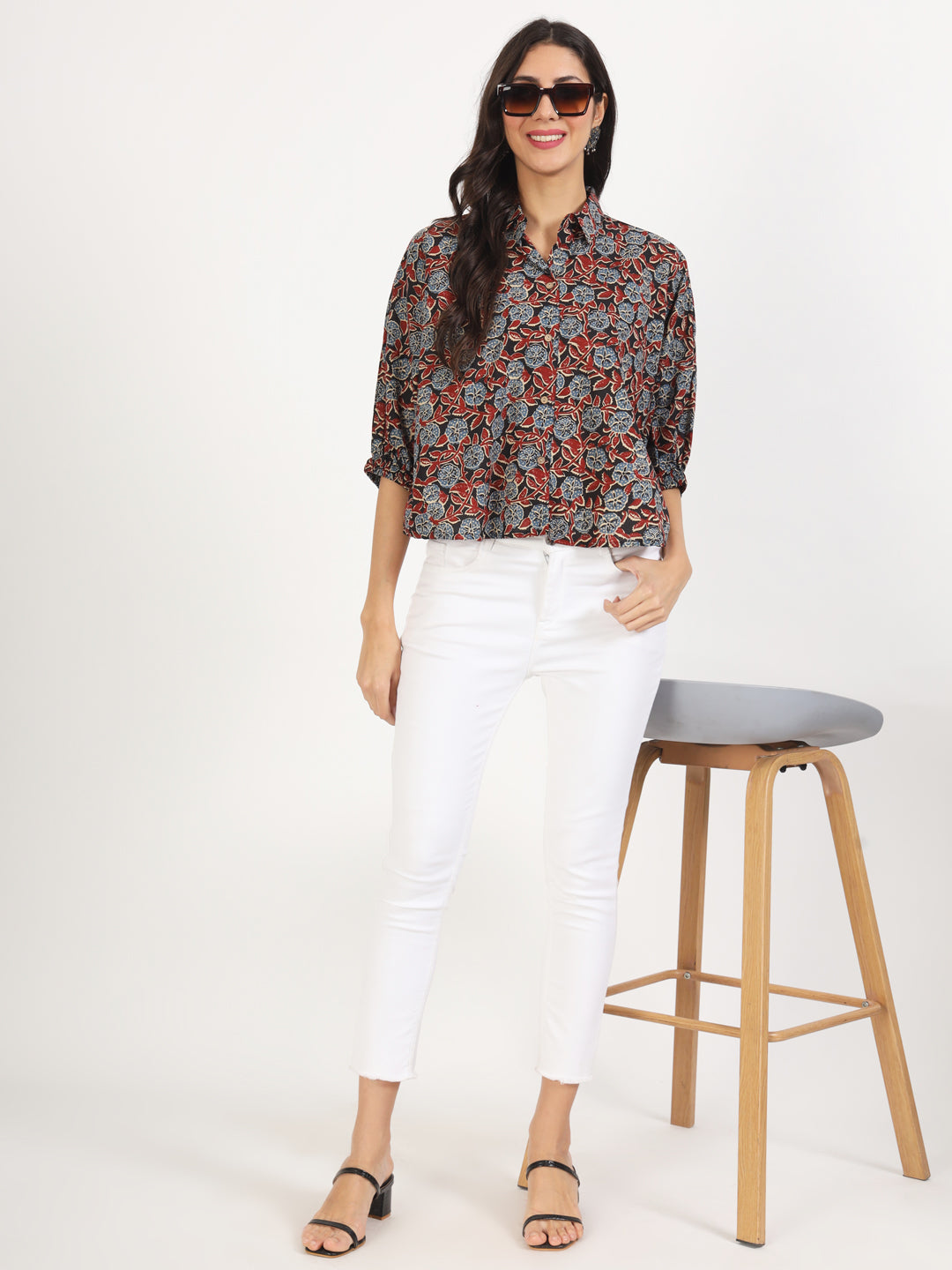 Noe Velarro Black Floral Printed Cotton Tops