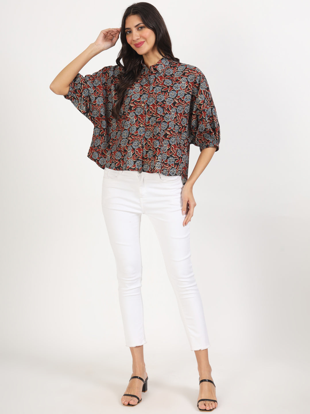 Noe Velarro Black Floral Printed Cotton Tops