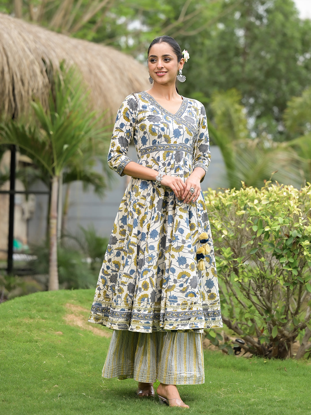 Noe Velarro offWhite Floral Print Cotton Kurta Sharara set for women