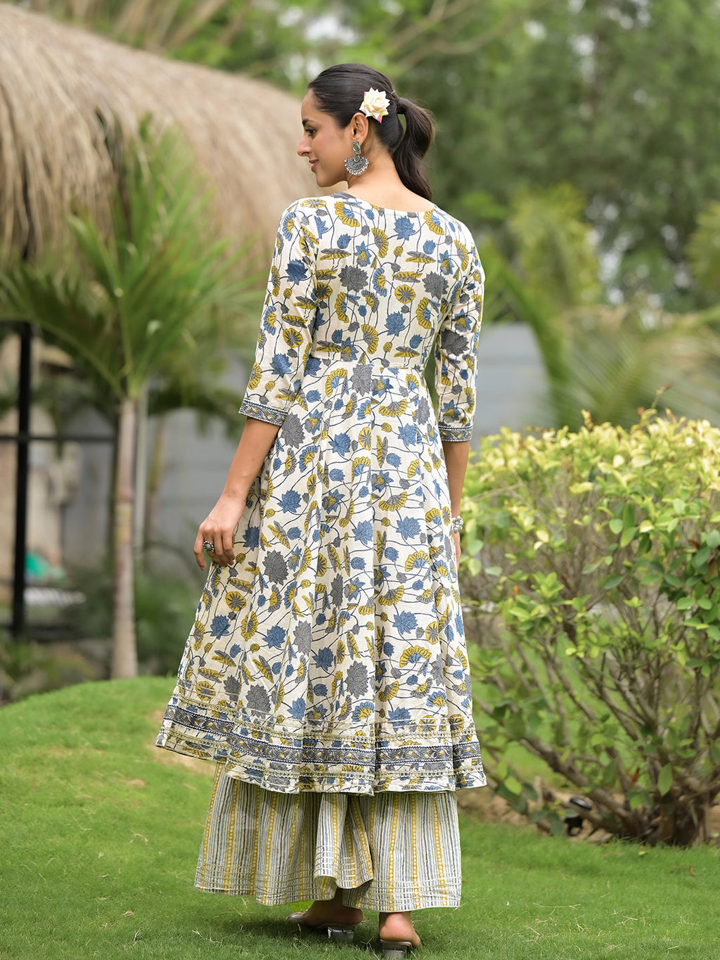 Noe Velarro offWhite Floral Print Cotton Kurta Sharara set for women