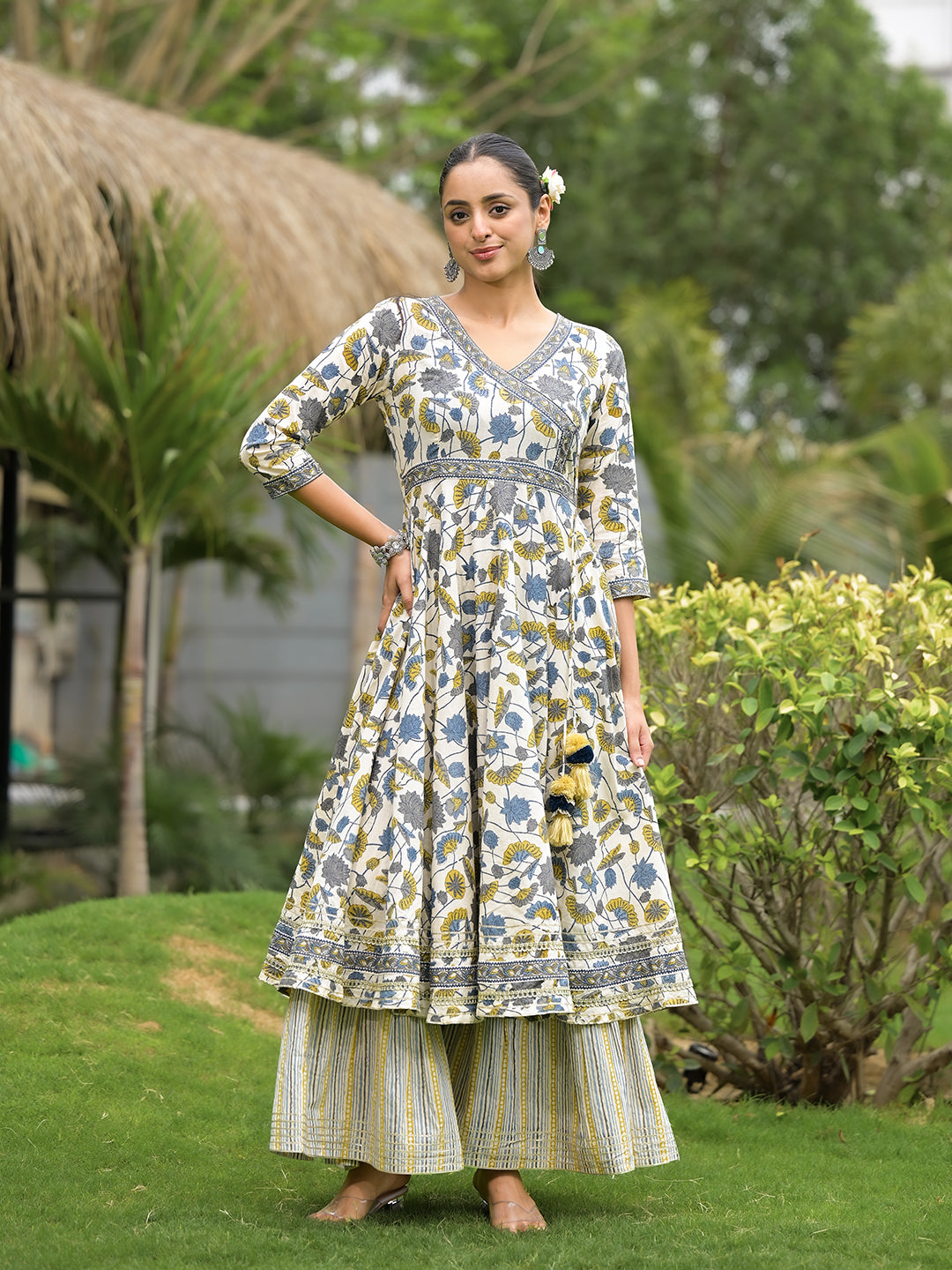 Noe Velarro offWhite Floral Print Cotton Kurta Sharara set for women