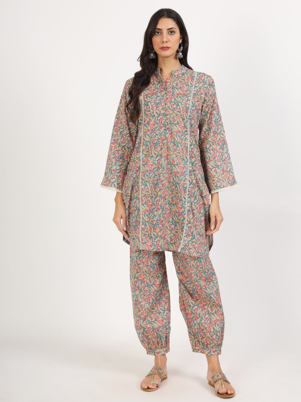 Noe Velarro Beige Floral Printed Cotton Co-ord Set
