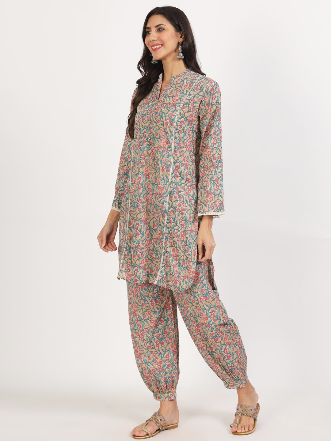 Noe Velarro Beige Floral Printed Cotton Co-ord Set