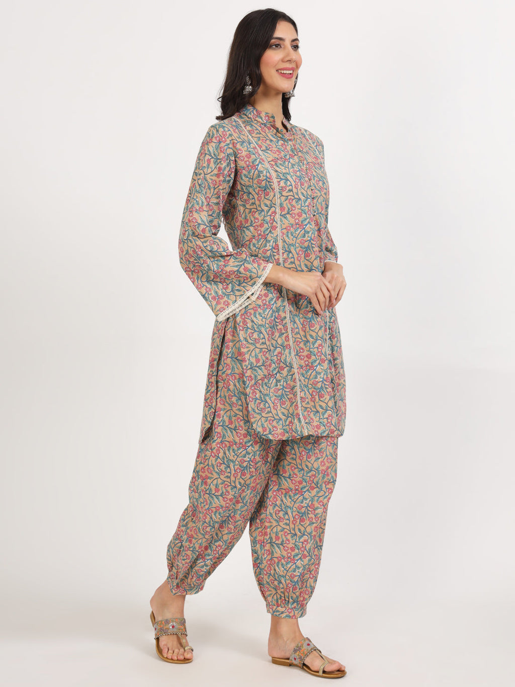 Noe Velarro Beige Floral Printed Cotton Co-ord Set